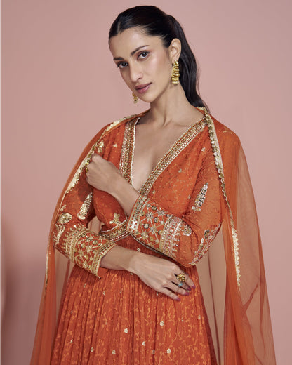 Orange Georgette Anarkali Suit With Dupatta For Indian & Pakistani Wedding Festival - Dori With Thread & Sequence Work
