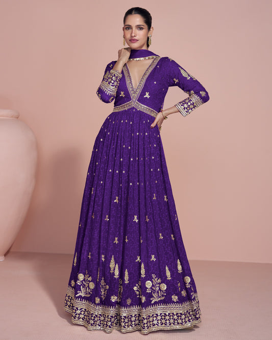 Purple Georgette Anarkali Suit With Dupatta For Indian & Pakistani Wedding Festival - Dori With Thread & Sequence Work