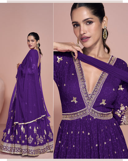 Purple Georgette Anarkali Suit With Dupatta For Indian & Pakistani Wedding Festival - Dori With Thread & Sequence Work