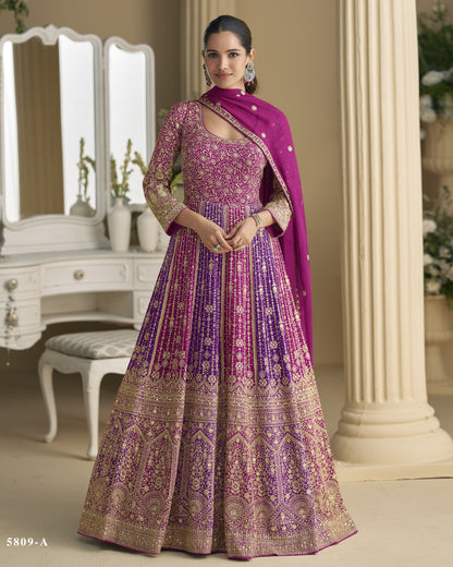 Magenta & Purple Georgette Anarkali Suit With Dupatta For Indian & Pakistani Wedding Festival - Mirror & Dori With Thread & Sequence Work