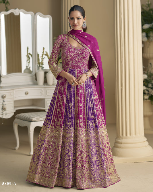 Magenta & Purple Georgette Anarkali Suit With Dupatta For Indian & Pakistani Wedding Festival - Mirror & Dori With Thread & Sequence Work