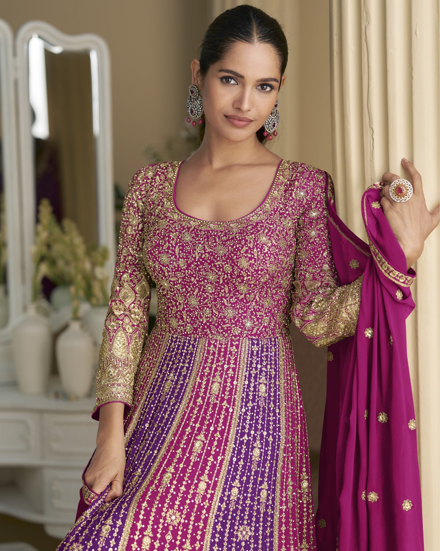 Magenta & Purple Georgette Anarkali Suit With Dupatta For Indian & Pakistani Wedding Festival - Mirror & Dori With Thread & Sequence Work