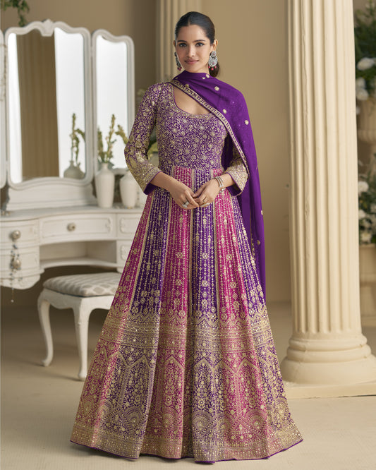 Purple & Magenta Georgette Anarkali Suit With Dupatta For Indian & Pakistani Wedding Festival - Mirror & Dori With Thread & Sequence Work