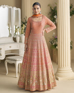 Peach & Orange Georgette Anarkali Suit With Dupatta For Indian & Pakistani Wedding Festival - Mirror & Dori With Thread & Sequence Work