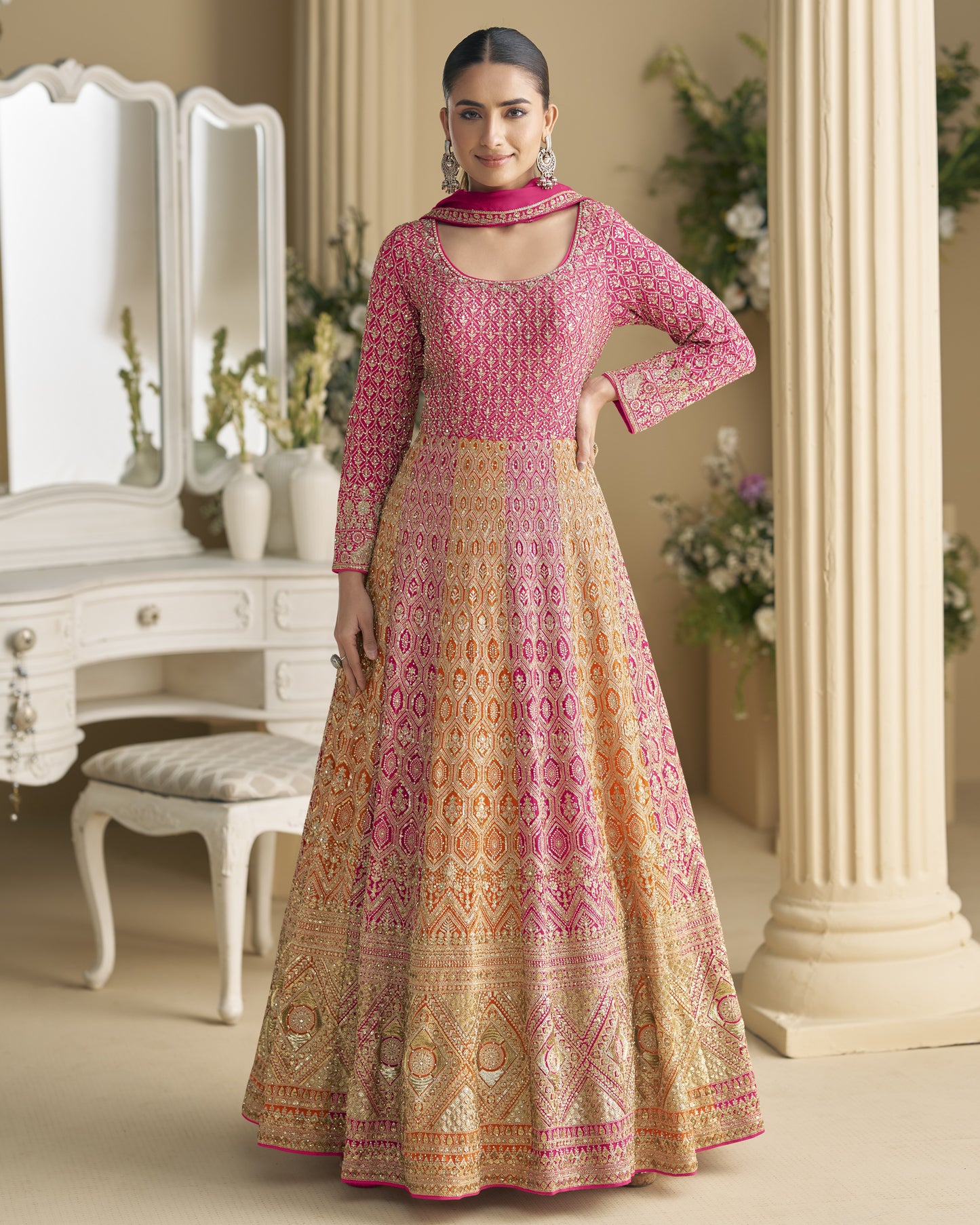 Pink & Beige Georgette Anarkali Suit With Dupatta For Indian & Pakistani Wedding Festival - Mirror & Dori With Thread & Sequence Work