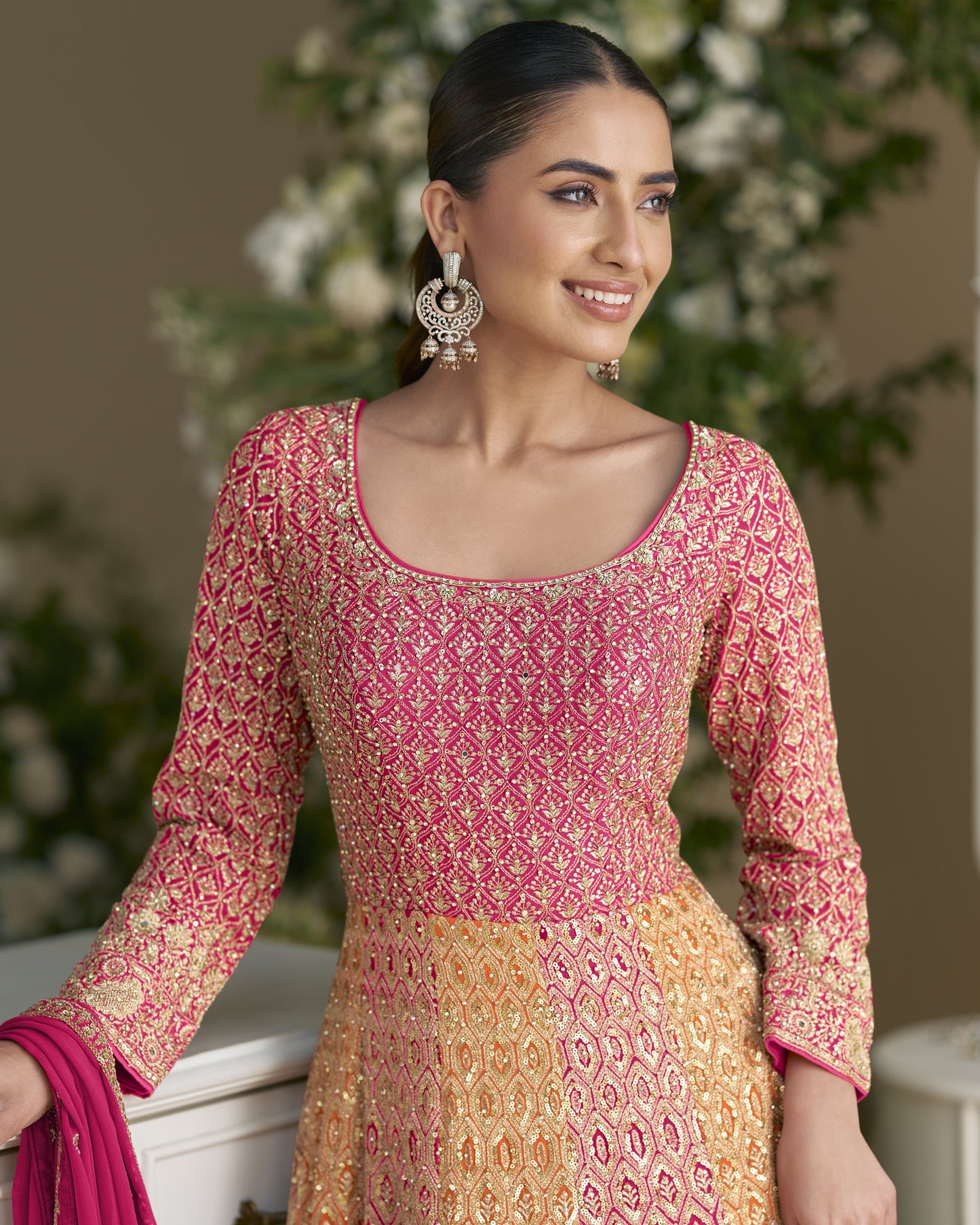 Pink & Beige Georgette Anarkali Suit With Dupatta For Indian & Pakistani Wedding Festival - Mirror & Dori With Thread & Sequence Work