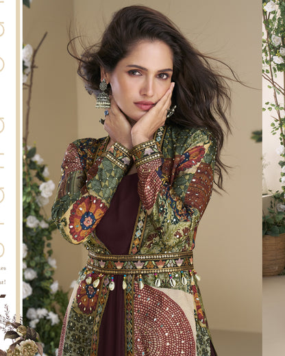 Woman wearing a traditional embroidered outfit with jewelry, standing against a neutral background.