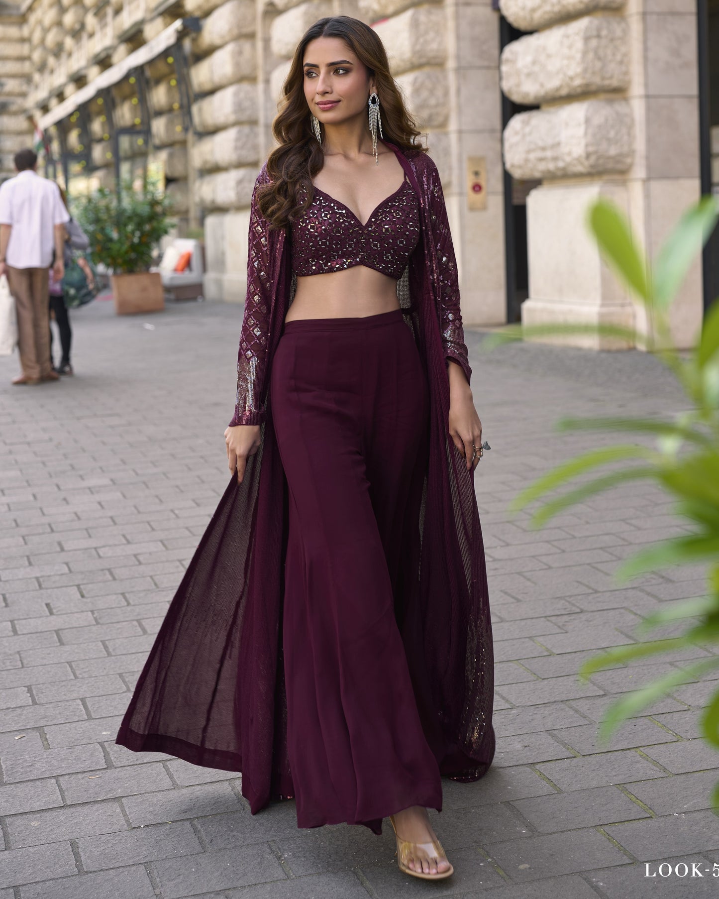 Wine Georgette Plazo Suit With Blouse & Jacket For Indian & Pakistani Wedding Festival & Party Wear - Mirror With Thread & Sequence Work