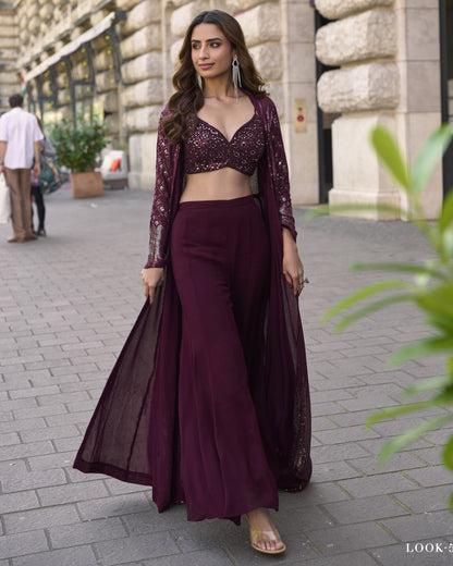 Wine Georgette Plazo Suit With Blouse & Jacket For Indian & Pakistani Wedding Festival & Party Wear - Mirror With Thread & Sequence Work