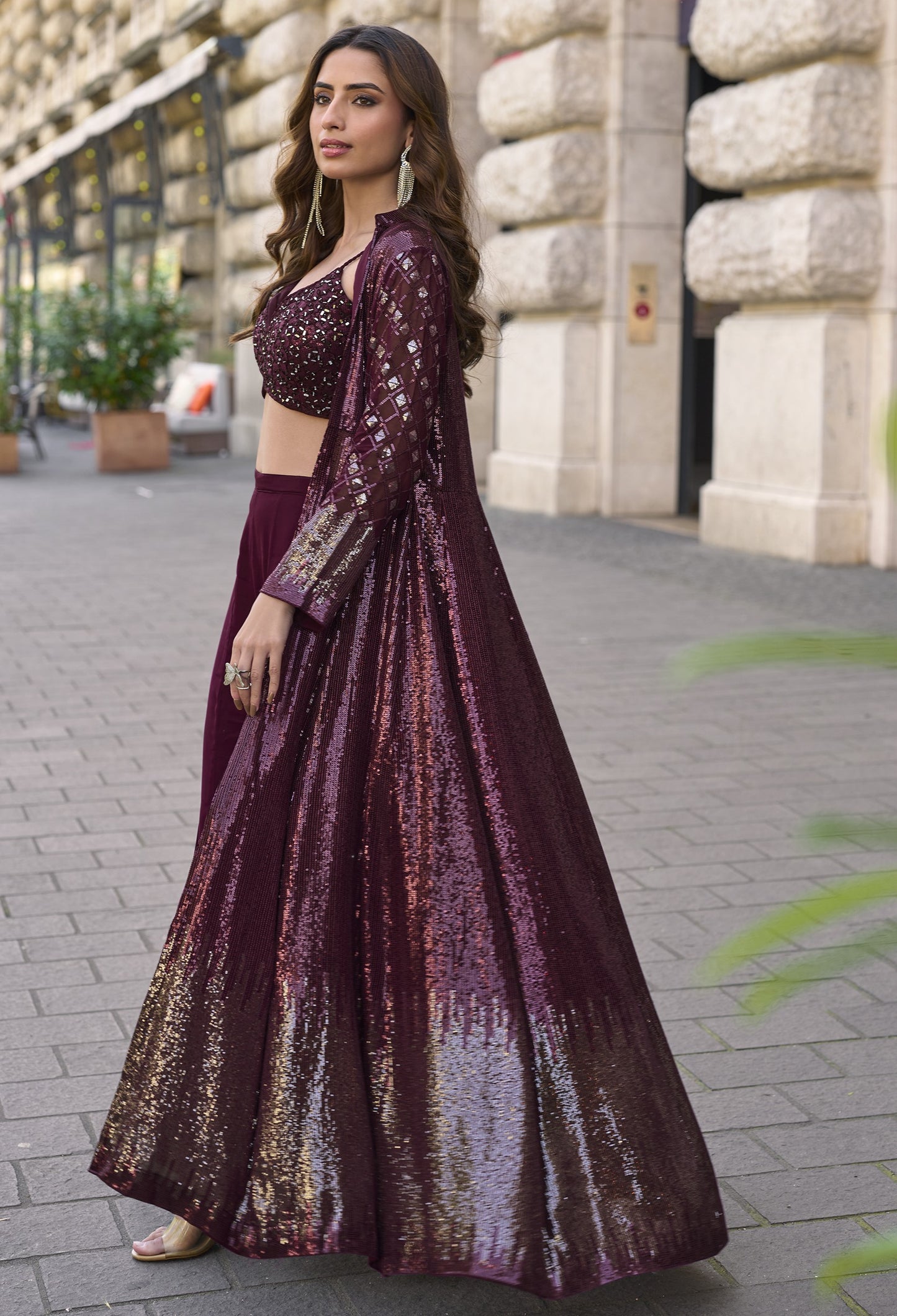 Wine Georgette Plazo Suit With Blouse & Jacket For Indian & Pakistani Wedding Festival & Party Wear - Mirror With Thread & Sequence Work