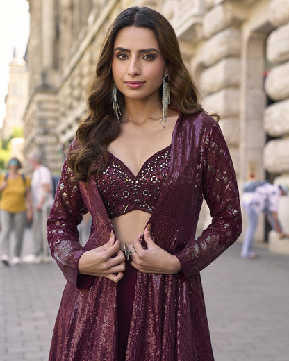 Wine Georgette Plazo Suit With Blouse & Jacket For Indian & Pakistani Wedding Festival & Party Wear - Mirror With Thread & Sequence Work