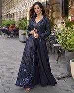 Navy Blue Georgette Plazo Suit With Blouse & Jacket For Indian & Pakistani Wedding Festival & Party Wear - Mirror With Thread & Sequence Work