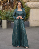 Emerald Green Georgette Plazo Suit With Blouse & Jacket For Indian & Pakistani Wedding Festival & Party Wear - Mirror With Thread & Sequence Work
