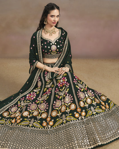 Green Georgette Lehenga Choli With Blouse & Dupatta For Indian & Pakistani Wedding Festival - Sequins & Zari With Dori & Thread Embroidery Work