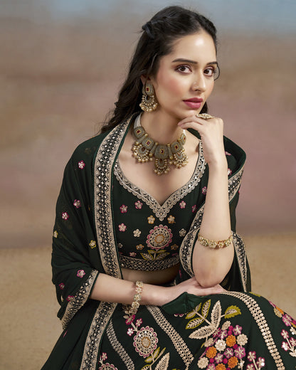 Green Georgette Lehenga Choli With Blouse & Dupatta For Indian & Pakistani Wedding Festival - Sequins & Zari With Dori & Thread Embroidery Work