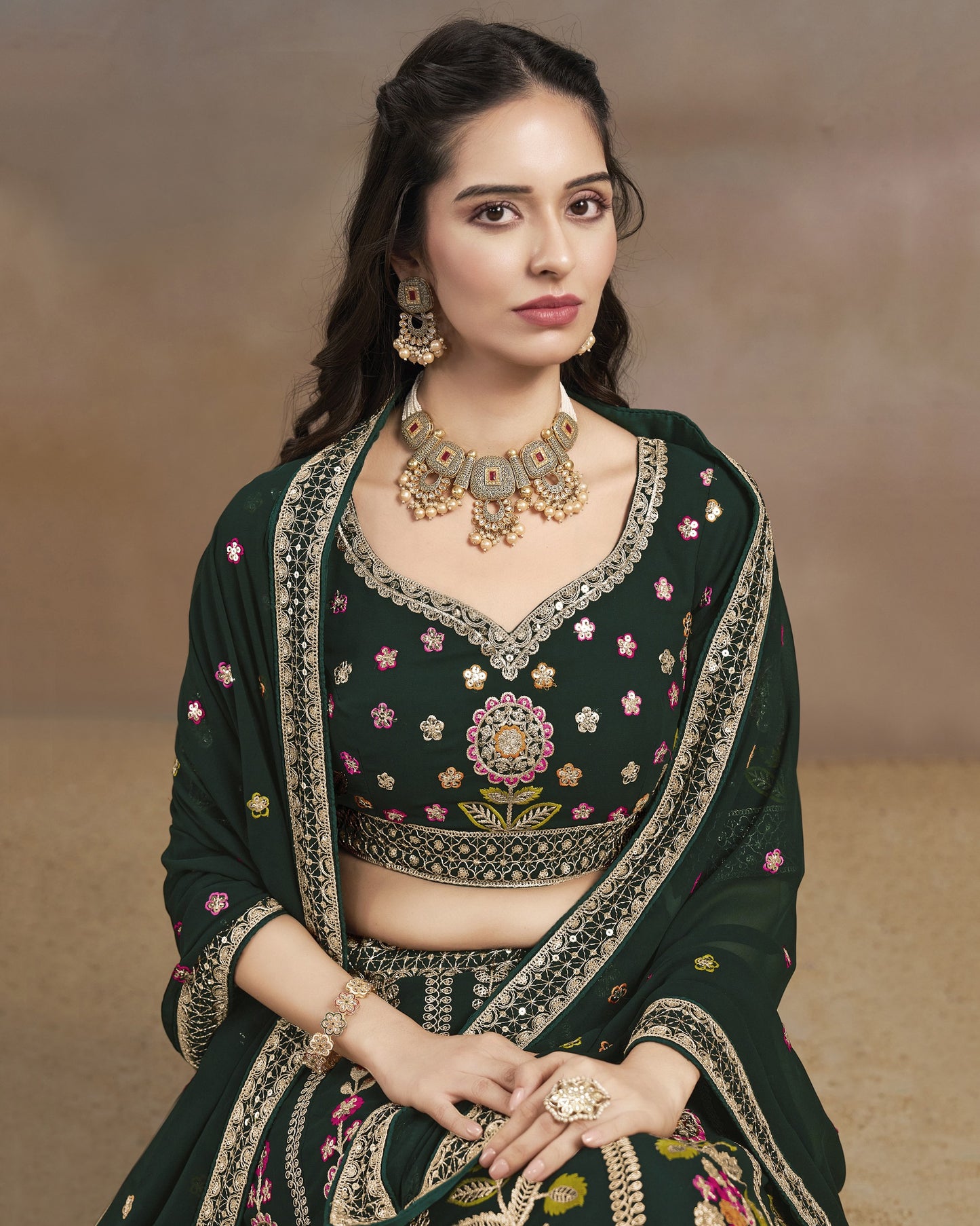 Green Georgette Lehenga Choli With Blouse & Dupatta For Indian & Pakistani Wedding Festival - Sequins & Zari With Dori & Thread Embroidery Work