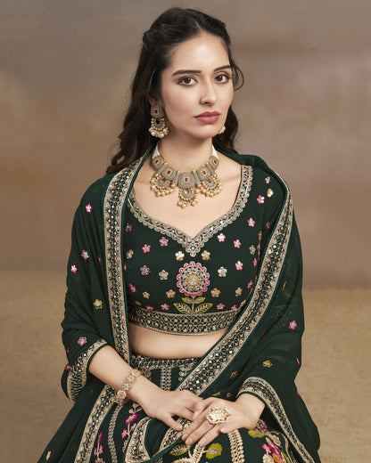 Green Georgette Lehenga Choli With Blouse & Dupatta For Indian & Pakistani Wedding Festival - Sequins & Zari With Dori & Thread Embroidery Work