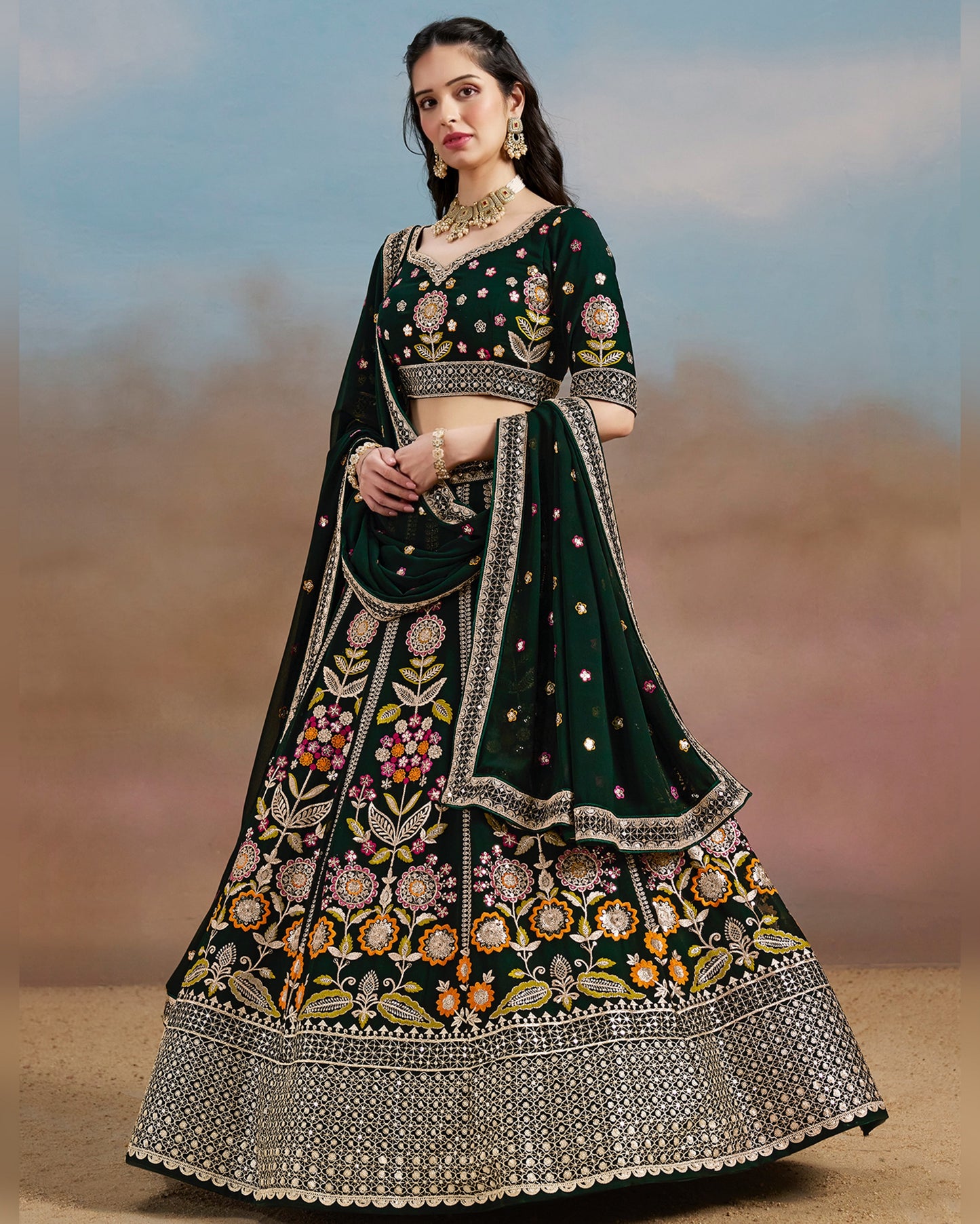 Green Georgette Lehenga Choli With Blouse & Dupatta For Indian & Pakistani Wedding Festival - Sequins & Zari With Dori & Thread Embroidery Work