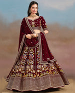 Maroon Georgette Lehenga Choli With Blouse & Dupatta For Indian & Pakistani Wedding Festival - Sequins & Zari With Dori & Thread Embroidery Work
