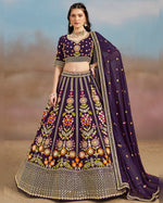 Purple Georgette Lehenga Choli With Blouse & Dupatta For Indian & Pakistani Wedding Festival - Sequins & Zari With Dori & Thread Embroidery Work