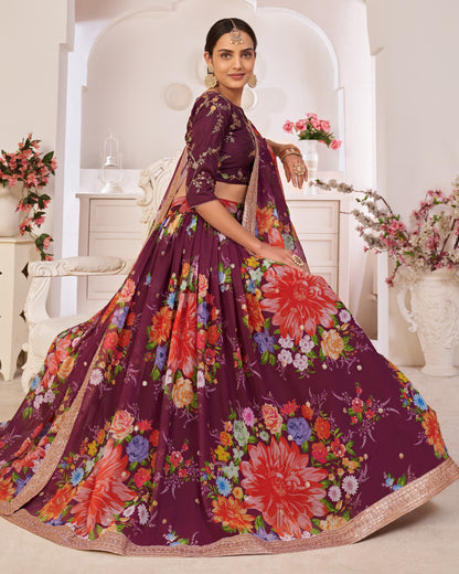 Woman wearing a purple floral lehenga in an elegant indoor setting.