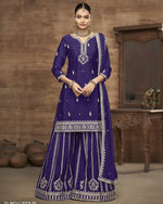 Purple Chinon Silk Plazo With Kameez & Dupatta For Indian & Pakistani Wedding Festival - Thread Sequence Work