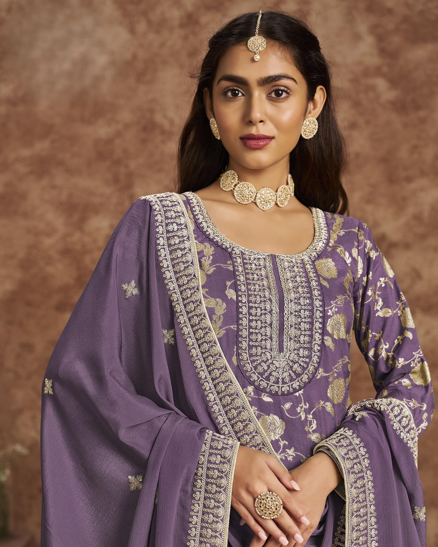Lavender Jacquard Salwar Suit With Kameez & Dupatta For Indian & Pakistani Wedding Festival - Dori Thread Sequence Work