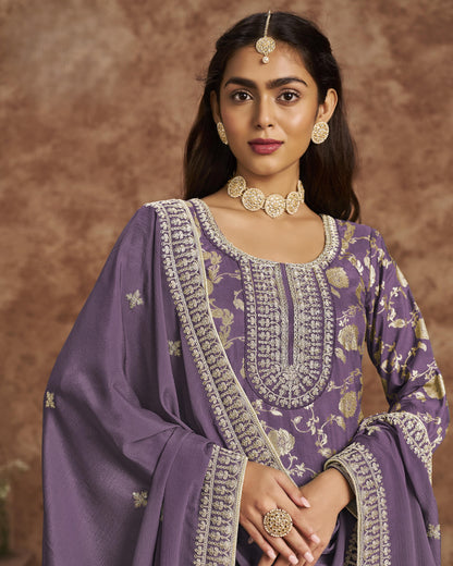Lavender Jacquard Salwar Suit With Kameez & Dupatta For Indian & Pakistani Wedding Festival - Dori Thread Sequence Work
