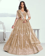 Beige Net Lehenga Choli With Blouse & Dupatta For Indian & Pakistani Wedding Festival - Dori With Thread & Sequence Embroidery Work