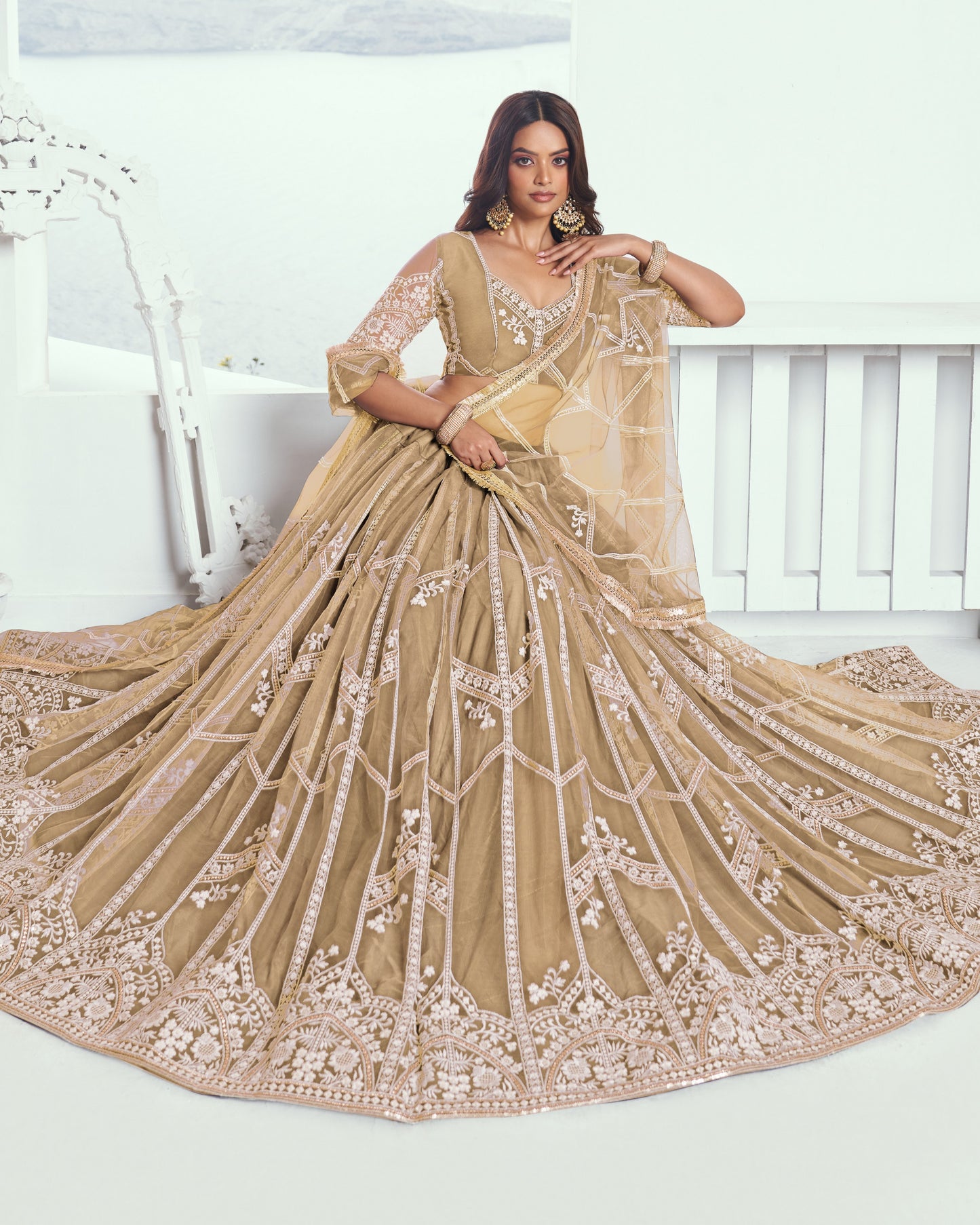 Woman wearing a beige embroidered saree with a white background