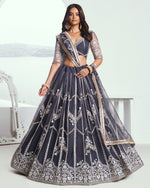 Dark Gray Net Lehenga Choli With Blouse & Dupatta For Indian & Pakistani Wedding Festival - Dori With Thread & Sequence Embroidery Work