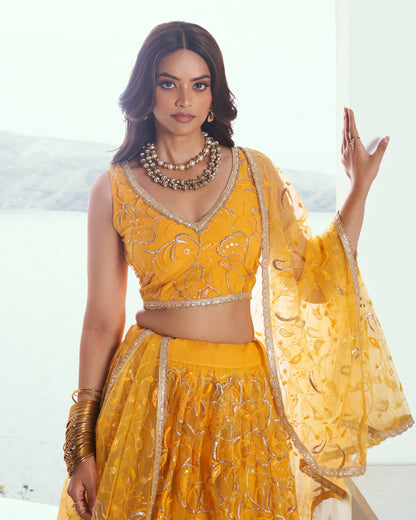 Woman wearing a yellow traditional outfit with intricate designs against a white background