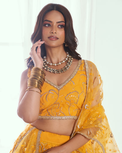 Woman wearing a yellow embroidered traditional outfit with gold jewelry on a white background