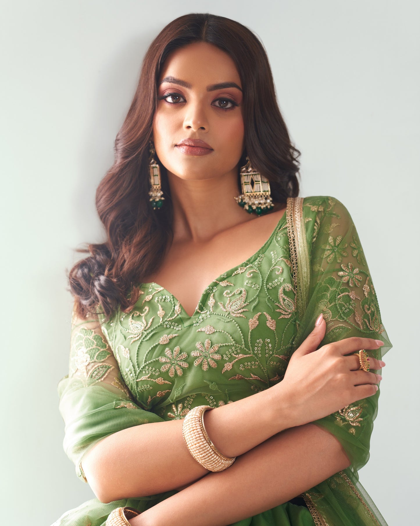 Woman wearing a green embroidered saree with gold details on a light gray background