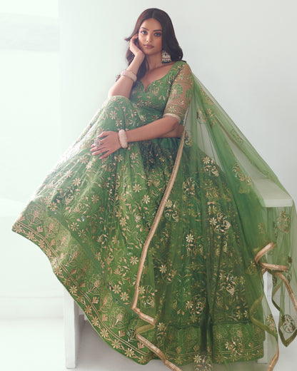 Woman wearing a green embroidered saree with a white background