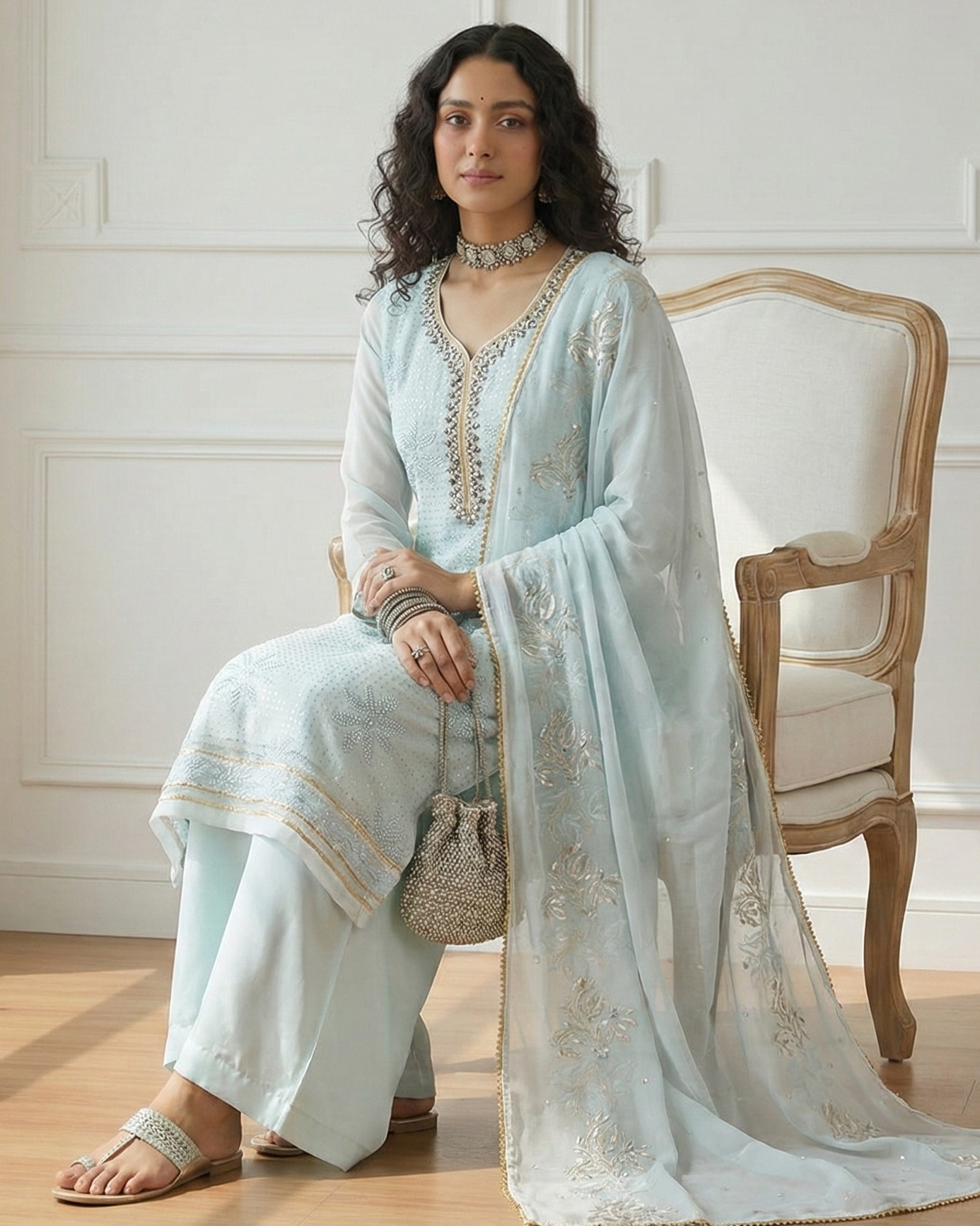 Woman in a light blue embroidered traditional outfit sitting on a wooden floor.