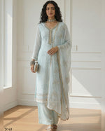 Pastel Blue Georgette Salwar Suit With Kameez & Dupatta For Indian & Pakistani Wedding Festival - Moti With Multi Thread And Sequins Work Along With Khalti Work