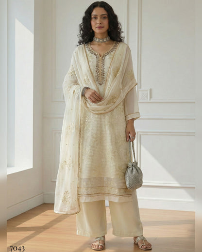 Woman wearing a beige traditional outfit with a matching dupatta in a bright room.