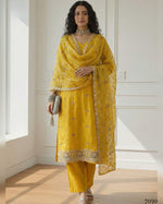 Mustard Yellow Shimmer Organza Salwar Suit With Kameez & Dupatta For Indian & Pakistani Wedding Festival - Moti With Multi Thread & Sequins Work