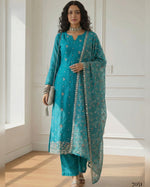 Teal Shimmer Organza Salwar Suit With Kameez & Dupatta For Indian & Pakistani Wedding Festival - Moti With Multi Thread & Sequins Work