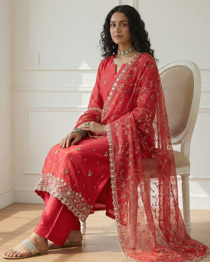 Woman in a red traditional outfit with intricate patterns sitting on a chair.