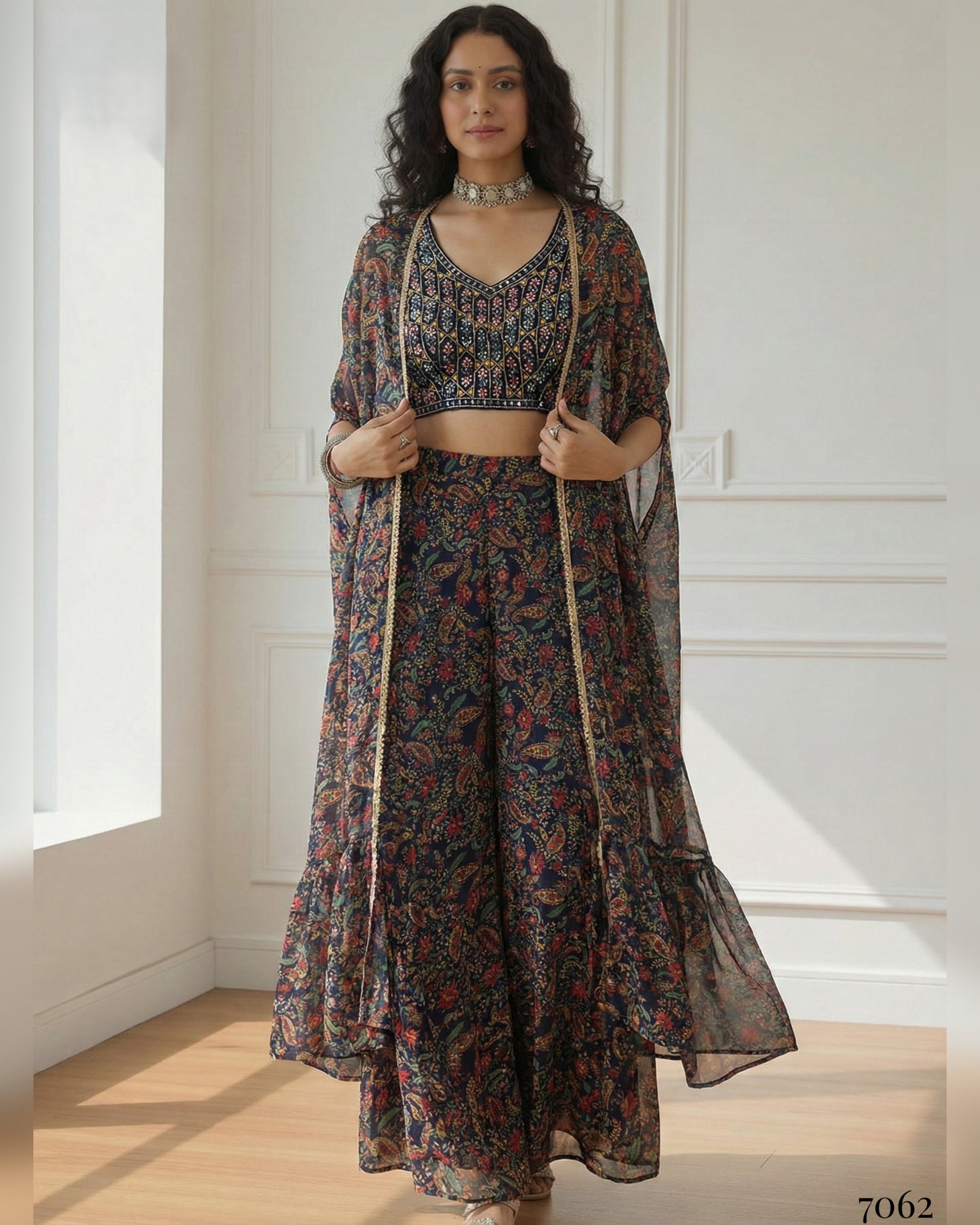 Woman wearing a floral outfit with a sheer dupatta in a well-lit room.