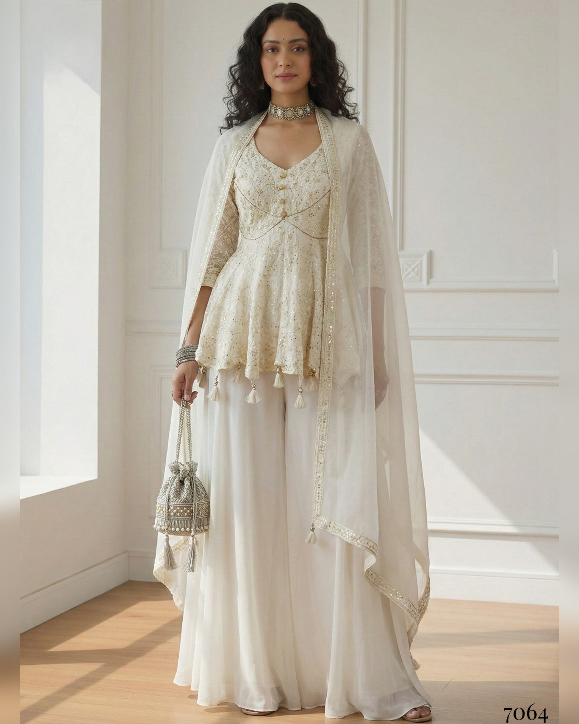 Woman wearing a white and gold traditional outfit in a bright room.