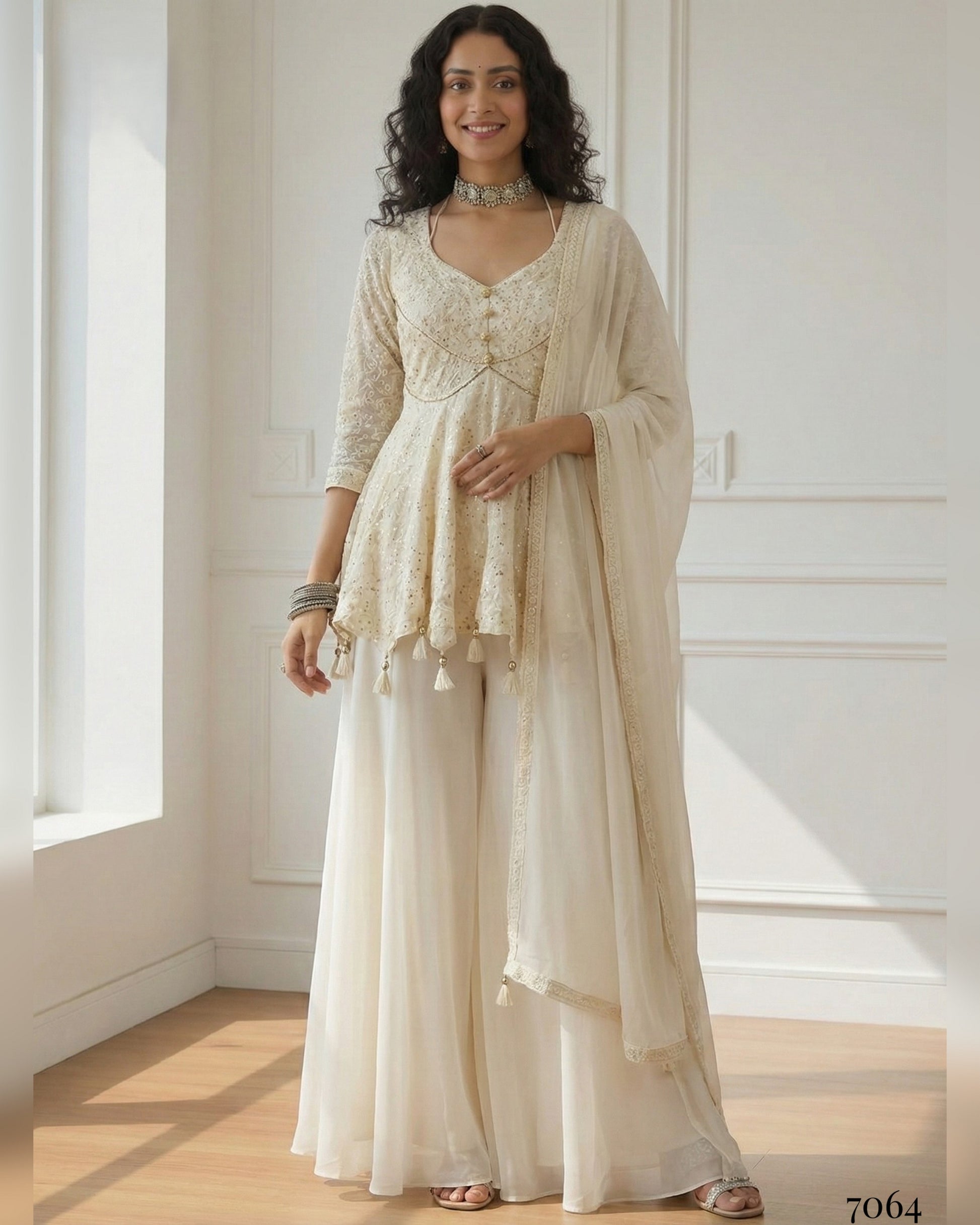 Woman wearing a beige traditional outfit with a matching dupatta in a bright room.