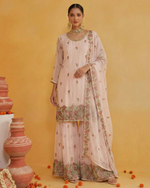 Pastel Pink Georgette Sharara Suit With Kameez & Dupatta For Indian & Pakistani Wedding Festival - Dori With Thread & Sequence Work