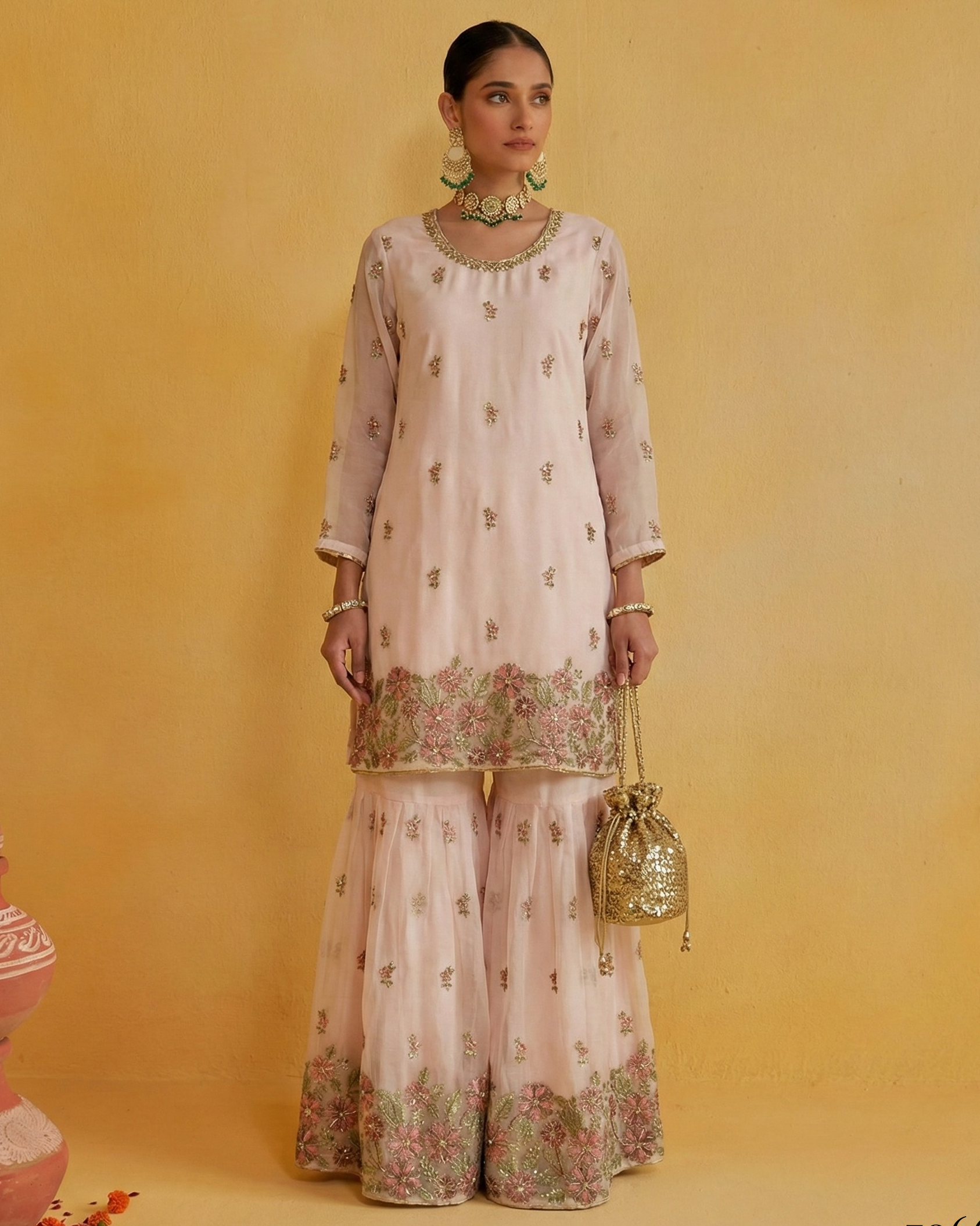 Woman wearing a traditional outfit with floral patterns against a yellow background