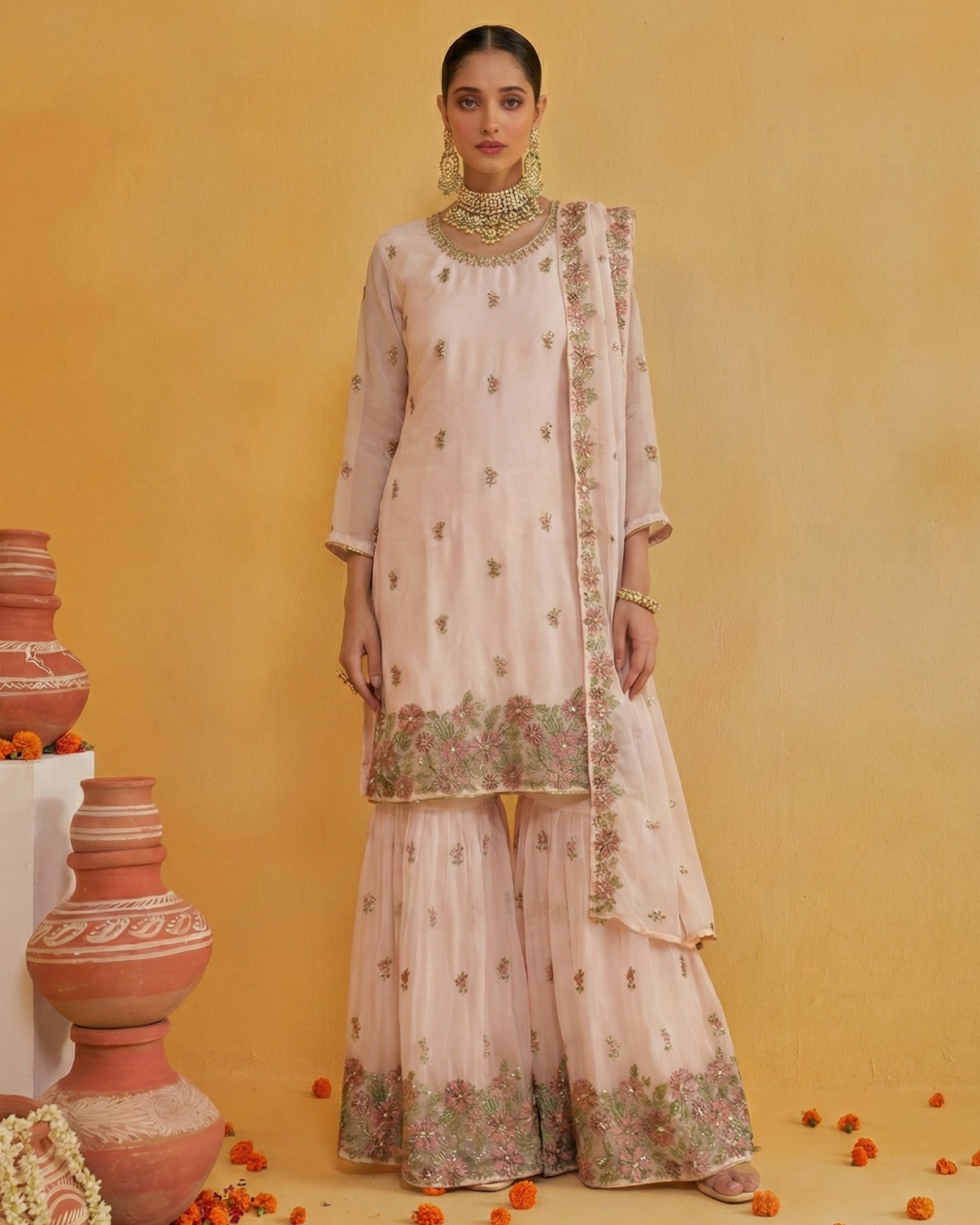 Woman in a traditional outfit with floral patterns against a yellow background