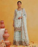 Sky Blue Georgette Sharara Suit With Kameez & Dupatta For Indian & Pakistani Wedding Festival - Dori With Thread & Sequence Work