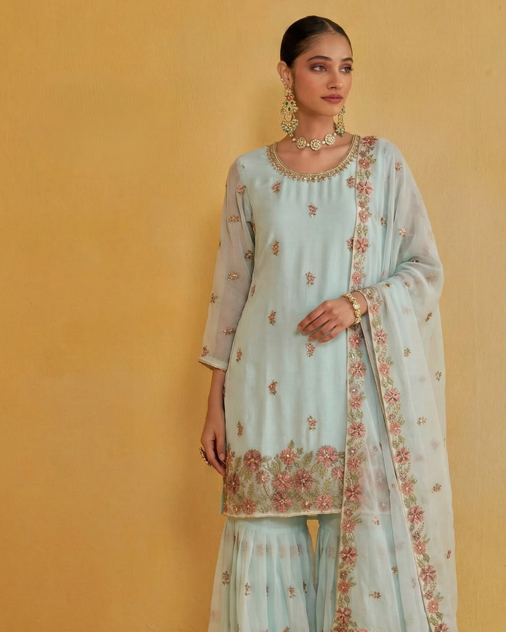 Woman wearing a light blue embroidered traditional outfit on a yellow background