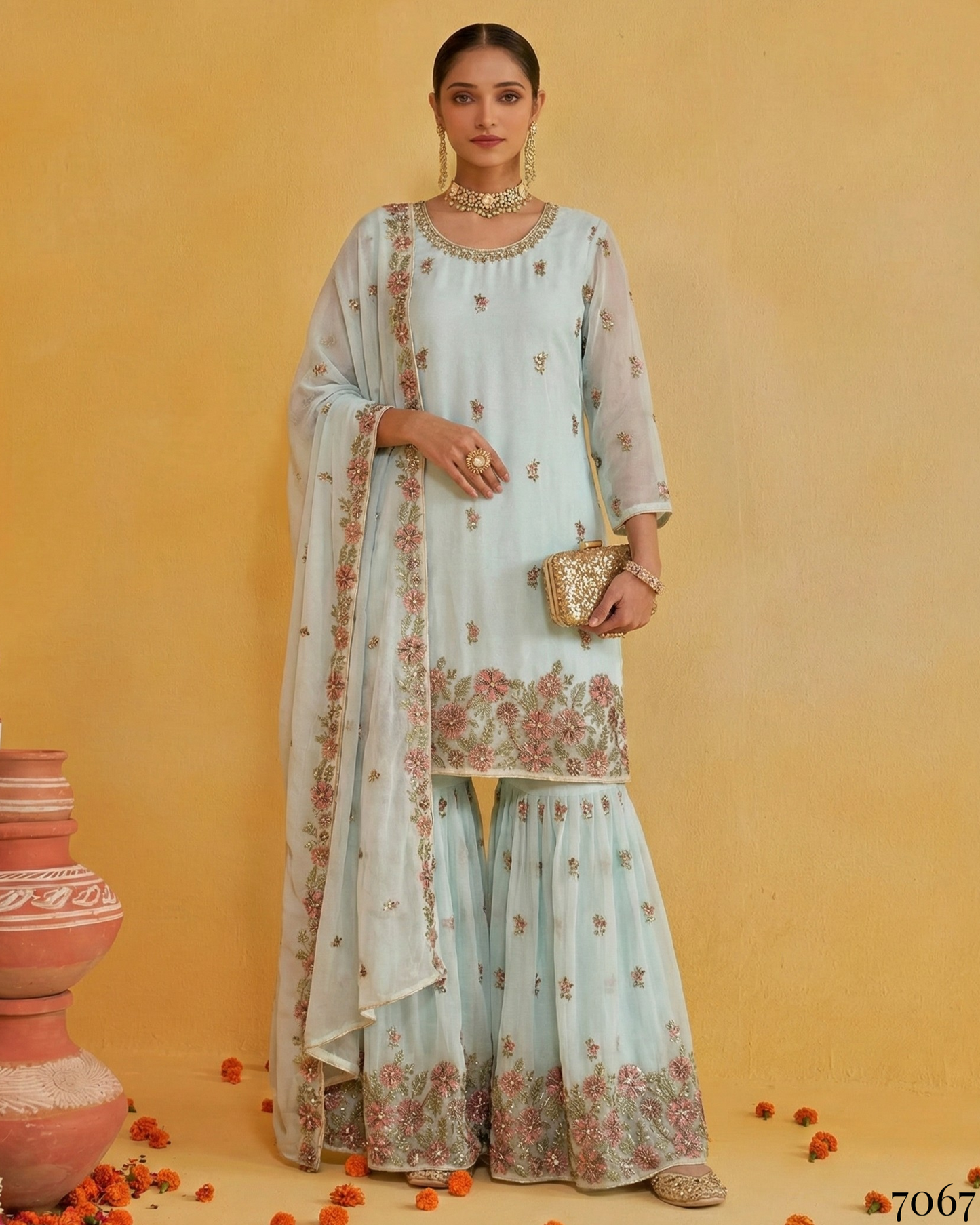 Woman in a light blue traditional outfit with floral patterns on a yellow background